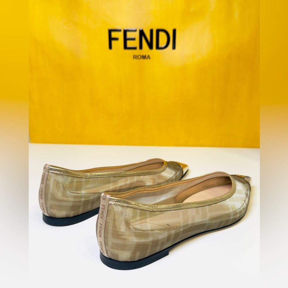 Fendi Colibri FF Mesh Ballerina Flats Gold Pointed Logo Engraved Metal Size 37 - Picture 9 of 15